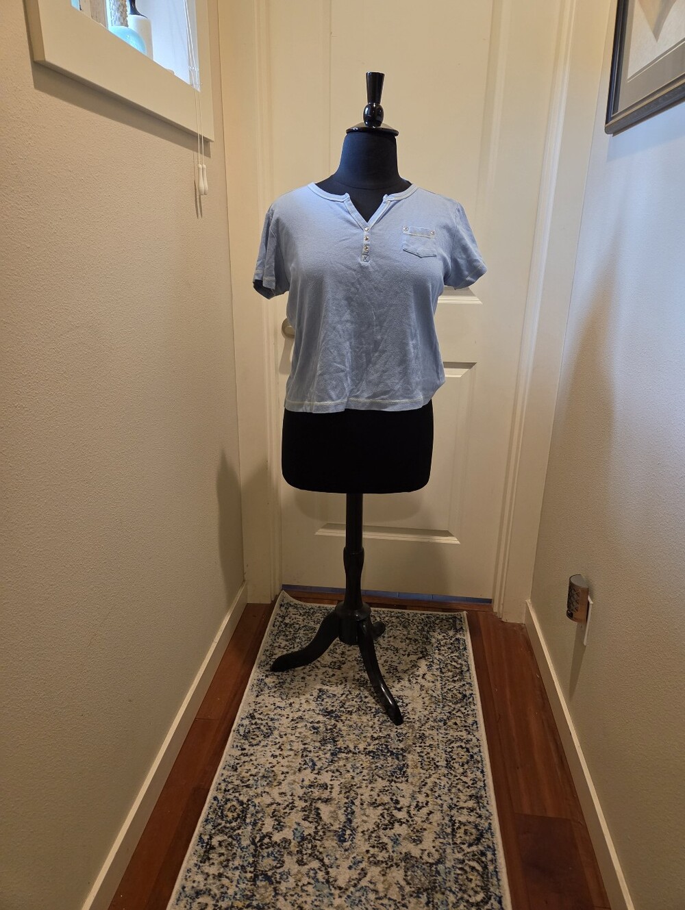 Vintage Crazy Horse Women's Light Blue Baby Studded Henley Tee with Pocket